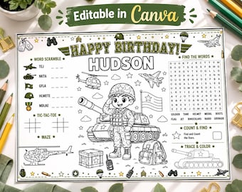 Può includere: Un foglio di attività di compleanno stampabile a tema militare con il testo HAPPY BIRTHDAY HUDSON. La pagina include un gioco di parole, una ricerca di parole, tris, un labirinto, un conteggio e un carro armato da colorare.