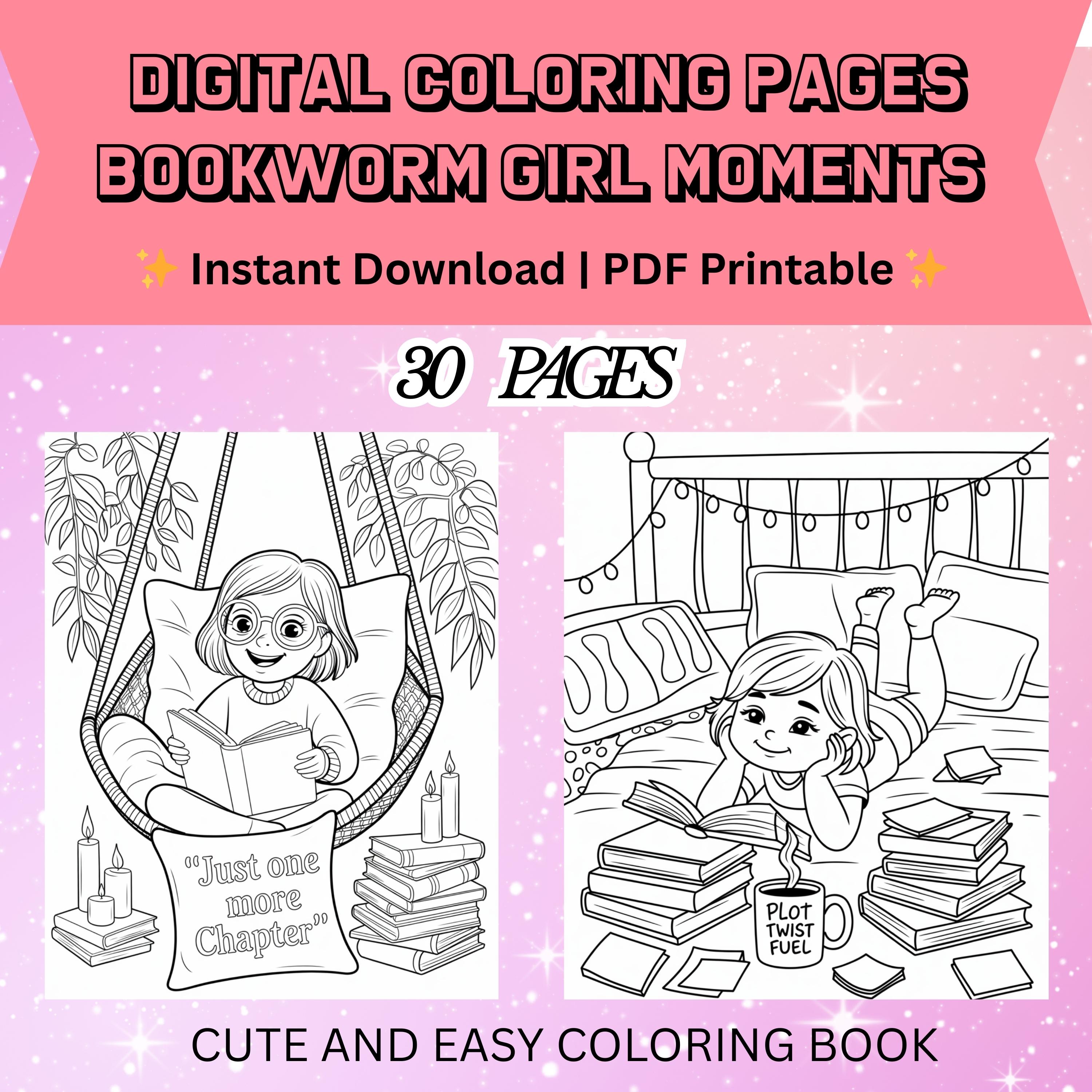 Cozy Bookworm Coloring Pages: 30 Relaxing Reading Scenes (PDF Download ...