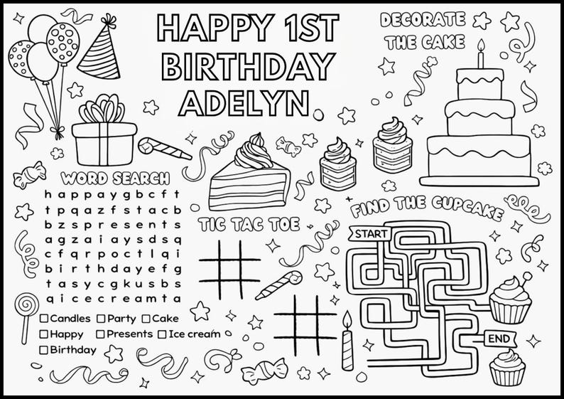Personalized 1st Birthday Coloring Placemat – Printable Activity Sheet ...