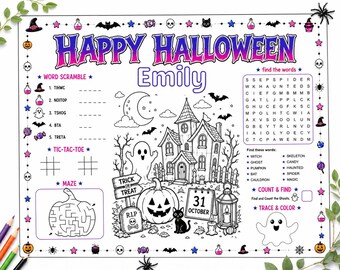 Mantel individual editable para colorear de Halloween: Página de actividades imprimible para fiestas de truco o trato (Descarga digital)