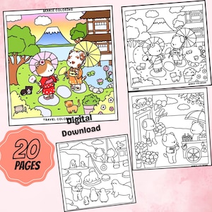 Kawaii Animal Coloring Book | Japan Theme Travel Scenes (Digital Download)