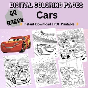 Puede incluir: Páginas para colorear digitales con personajes de Cars. La imagen muestra un coche de carreras rojo y varias páginas para colorear en blanco y negro con ilustraciones de coches. El texto de la imagen dice "50 páginas" y "Descarga instantánea | PDF imprimible".
