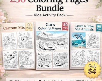 230 Kids Coloring Pages Bundle | Cars, Animals, Cartoons (Digital Download)