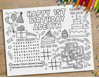 Personalized 1st Birthday Coloring Placemat – Printable Activity Sheet (Digital Download)