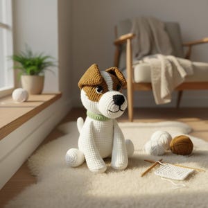 Könnte beinhalten: Gehäkelter Jack Russell Terrier Hund mit braunen und weißen Details und einem grünen Halsband. Der Hund sitzt auf einem weißen Teppich, umgeben von Wollknäueln und Stricknadeln. Ein handgefertigtes Produkt.