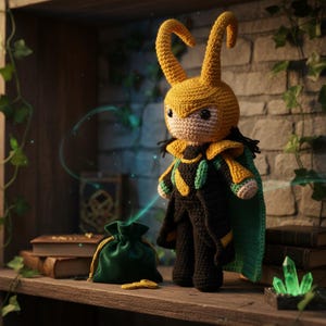 Pode incluir: Boneca de crochê feita à mão de um personagem com chifres amarelos, uma roupa preta e verde e uma capa verde. A boneca está em uma prateleira de madeira com uma bolsa de veludo verde e livros.