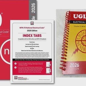 May include: A red NFPA 70 National Electrical Code 2026 book, a white sheet of index tabs, and a yellow and red spiral-bound Ugly's Electrical References 2026 book. The NFPA book features white text, while the Ugly's book displays a circular diagram.