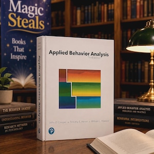 May include: A white hardcover textbook titled Applied Behavior Analysis Third Edition by John O. Cooper, Timothy E. Heron, and William L. Heward. The cover features a central graphic of stacked, colorful rectangular blocks in rainbow hues.