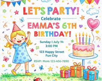 Simple Colorful Birthday Invitation, Bright Birthday Invitation, Cheerful Birthday Party Invite, Digital Download