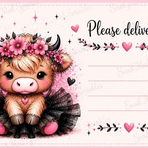 May include: A rectangular shipping label featuring a fluffy brown calf wearing a black tutu and a pink floral crown. The calf has large dark eyes and a pink heart pendant. The text reads Please deliver to: above four blank lines with pink hearts.