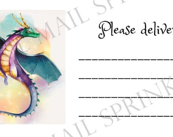 May include: A whimsical mailing label featuring a watercolor dragon with teal wings, a green head, and a purple body. The text "Please deliver to:" is written in elegant script above four dashed lines for address details.