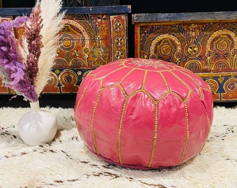 Handmade Moroccan Leather Pouf Ottoman – Hot Pink Gold-Embroidered Pouf – Boho Floor Cushion & Footstool