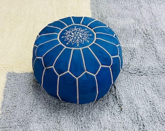 Handcrafted Moroccan Leather Pouf Cover: Blue Ottoman with White Embroidery