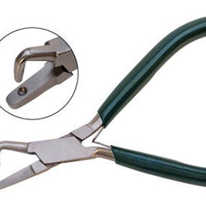 May include: Green handled pliers with a silver jaw designed for closing jump rings. The jaw has a rounded tip and a small hole for holding the ring.