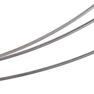 May include: Three silver-colored metal wires are arranged in a curved pattern against a white background.