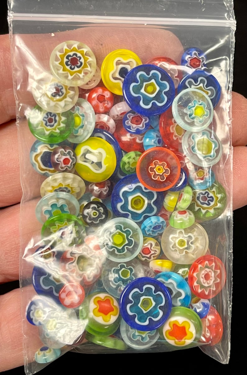 MILLEFIORE MIXED GLASS Buttons 1 ounce Decorative Cabochons 40-60 in Bag image 4