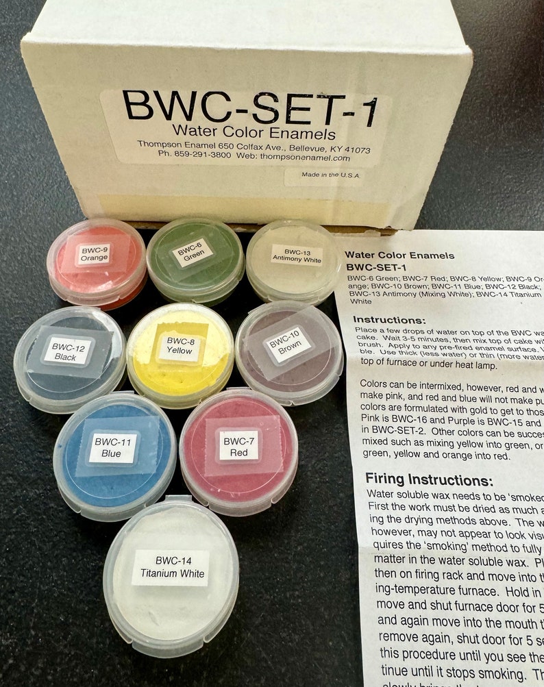 BWC Set-1 WATER COLOR Enamels Set of 9 Now contains 2 whites, Green, Red, Yellow, Orange, Brown, Blue, and Black image 2