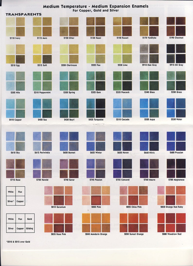 Puede incluir: Una carta de colores de pinturas de esmalte transparente para cobre, oro y plata. La carta muestra los nombres y n&uacute;meros de color para cada tono. Los colores van desde el marfil hasta el rojo madera.