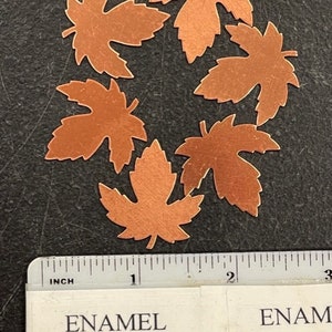 K&ouml;nnte beinhalten: Sieben kupferne Ahornbl&auml;tter, jedes etwa 2,5 cm gro&szlig;, in einem Kreis auf einer dunkelgrauen Oberfl&auml;che angeordnet. Am unteren Rand des Bildes ist ein Lineal mit der Aufschrift "INCH" und den Zahlen 1, 2 und 3 zu sehen.