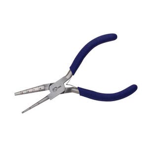 May include: A pair of silver metal pliers with blue rubber handles. The pliers have a long, pointed nose with a measurement scale and are designed for precision work. The handles are curved for a comfortable grip.