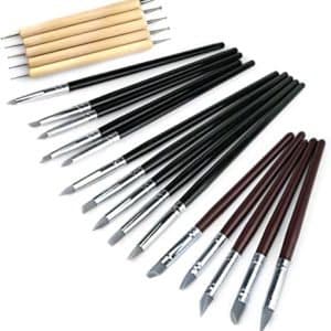 May include: Set of 18 clay sculpting tools with various shapes and sizes. The tools have black, brown, and natural wood handles.
