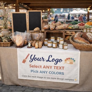 Aangepaste tafelloper met logo, gepersonaliseerde zakelijke tafelhoes, aangepaste tekst loper in elke kleur, decor verkoper stand, banner marktvertoning