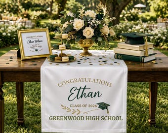 Personalized Graduation Table Runner Class of 2026 Custom Name School Banner Graduation Party Decor Green Gold Table Decor
