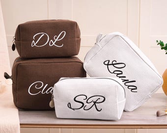Personalized Waffle Cosmetic Bag,Bridesmaid Makeup Bag,Embroidered Monogram Toiletry Bag,Bridesmaid Gifts,Bridal Shower Gift,Gift for Her