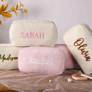 Embroidered Corduroy Makeup Bag, Monogram Toiletry Makeup Bag, Personalized Cosmetic Bag,  Bachelorette Party Gifts, Bridesmaid Gifts