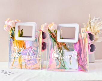 Personalized Bridesmaid Holographic Bag, Bridesmaid Gifts Bag, Wedding Gift Bag, Bachelorette Party Bag, Clear Tote Gift Bag