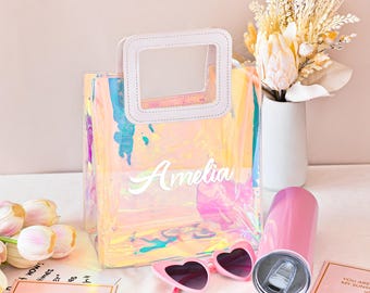 Personalized Bridesmaid Holographic Bag, Bridesmaid Gifts Bag, Wedding Gift Bag, Bachelorette Party Bag, Clear Tote Gift Bag