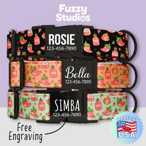 Cute Chilli Pepper Personalized Dog Collar, Spicy Hot Sauce Adjustable Dog Collar, Flame Print Pet Collar, Metal Buckle, Engraving (FS-3)