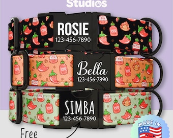 Cute Chilli Pepper Personalized Dog Collar, Spicy Hot Sauce Adjustable Dog Collar, Flame Print Pet Collar, Metal Buckle, Engraving (FS-3)