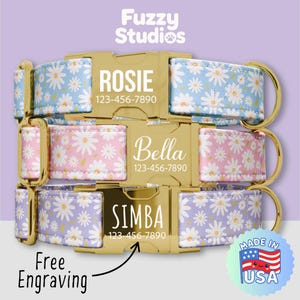 May include: Three personalized dog collars with daisy patterns in blue, pink, and purple. Each collar features a gold buckle with a pet's name and phone number. The collars are labeled "Rosie", "Bella", and "Simba". The image includes "Free Engraving" and "Made in USA" text.