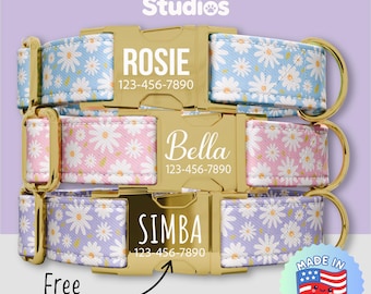 Cute Daisy Flower Personalized Dog Collar, Pretty White Floral Print Pet Collar & Leash Set, Metal Buckle with Free Engraving (FS-11)