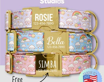 May include: Three personalized dog collars with gold-colored buckles. Each collar features a colorful pattern of rainbows, clouds, and stars. The collars are engraved with names and phone numbers. The image also includes the text "Free Engraving" and "Made in USA".