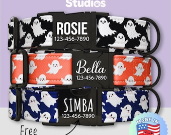 Ghost Print Dog Collar Personalized, Cute Halloween Spooky Ghost Pet Collar & Leash Set, Metal Buckle with Free Engraving (FS-26)
