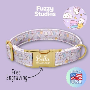 May include: A light purple dog collar with a gold-colored buckle. The collar features a repeating pattern of cartoon bears, moons, and stars. The buckle is engraved with the name "Bella" and a phone number. The text "Free Engraving" is also visible.