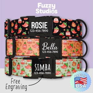 Cute Chilli Pepper Personalized Dog Collar, Spicy Hot Sauce Adjustable Dog Collar, Flame Print Pet Collar, Metal Buckle, Engraving (FS-3)