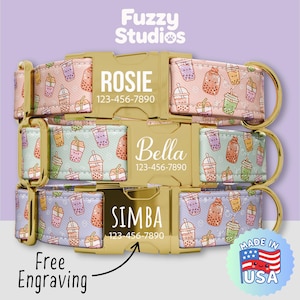 May include: Three personalized dog collars with gold-colored buckles and D-rings. Each collar features a unique pastel color and a pattern of bubble tea drinks. The collars are engraved with a name and phone number. The image includes the text "Free Engraving" and "Made in USA."