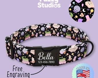 Cute Witch Dog Collar Personalized, Kawaii Halloween Witchy Pet Collar and Leash Set, Magical Moon and Spell Print, Free Engraving (FS-13)