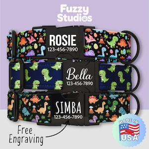Cute Dinosaur Dog Collar Personalized, Dino T-Rex Collar & Leash Set, Metal Buckle, Free Engraving (FS-37)