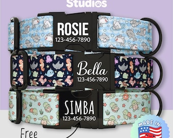Cute Ocean Animal Dog Collar Personalized, Kawaii Shark, Turtle, Sea Life Pet Collar & Leash Set, Metal Buckle with Free Engraving (FS-9)
