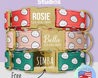 Collar para perro con diseño de dumplings, personalizado, conjunto de collar y correa Kawaii Bao Dim Sum, estampado de comida asiática, hebilla de metal, grabado gratuito (FS-20)