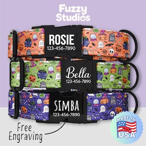 May include: Three Halloween-themed dog collars with black buckles. Each collar features a different color pattern: orange, green, and purple. The collars are decorated with ghosts, pumpkins, and other spooky elements. Each collar has a name and phone number.