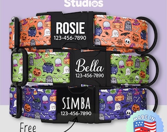 Cute Halloween Personalized Dog Collar, Spooky Adjustable Dog Collar, Pumpkin, Ghosts, Skulls, Witch Pet Collar Leash Set, Engraving (FS-12)