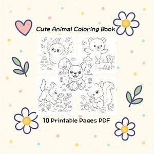 Cute Animal Coloring Pages for Kids, 10-Page PDF Download, Adorable Animal Fun, Easy Printable Coloring Sheets, Digital Art Book for Kids