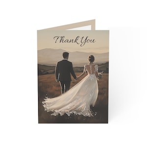 Cartes de voeux de remerciement de mariage, conception de coucher de soleil pour les mariés, message personnalisé, plusieurs tailles d'emballage disponibles, ensemble de papeterie