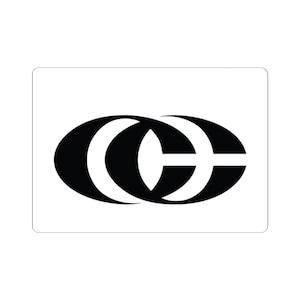 May include: A black and white sticker featuring a stylized logo. The logo comprises two overlapping, oval shapes with a horizontal line bisecting the right oval, creating a 'C' and 'E' design. The sticker has a white background.