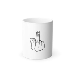 May include: White ceramic mug with a black outline of a hand displaying the middle finger. The design is centrally placed on the mug, with the hand gesture clearly visible. The mug has a standard cylindrical shape.